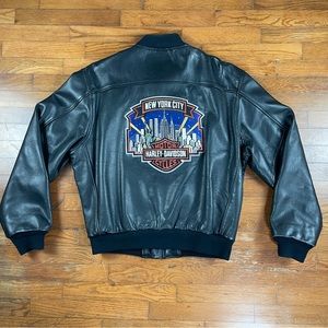 Harley Davidson Men’s L Leather Jacket Twin towers RARE New York City EUC